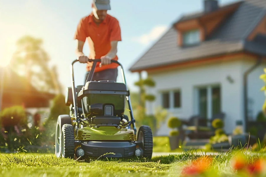 self-propelled electric lawn mower with battery and charger